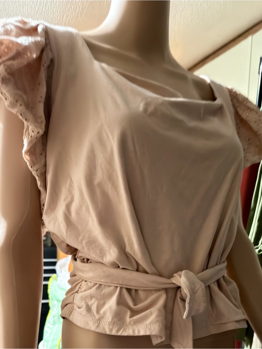 Light Pink Ruffle Sleeve Blouse with Waist Tie